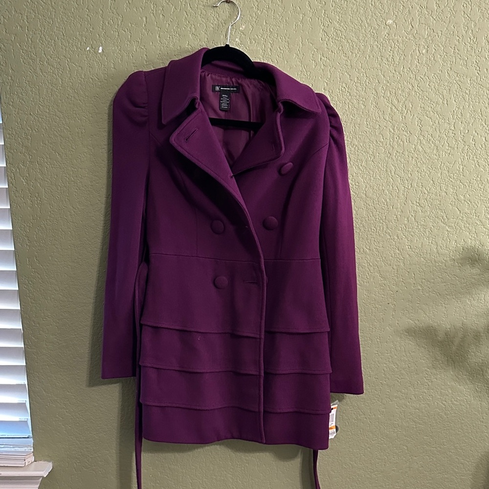 INC International Concepts Plum Double-Breasted Tiered Pea Coat